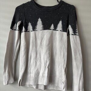 Holiday Arcade Sweater – Grey & White with Tree Detail, Long Sleeve